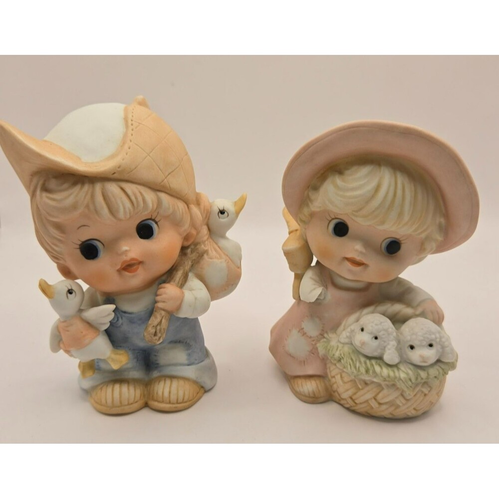 Vintage Bisque Porcelain Figurines Pair - Boy with Geese & Girl with Lambs (1418